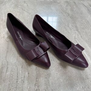 Salvatore Ferragamo Burgundy Bow Pointed-Toe Flats